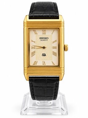 Vintage Seiko Reverso Frame Tank Watch White Dial Gold Bezel